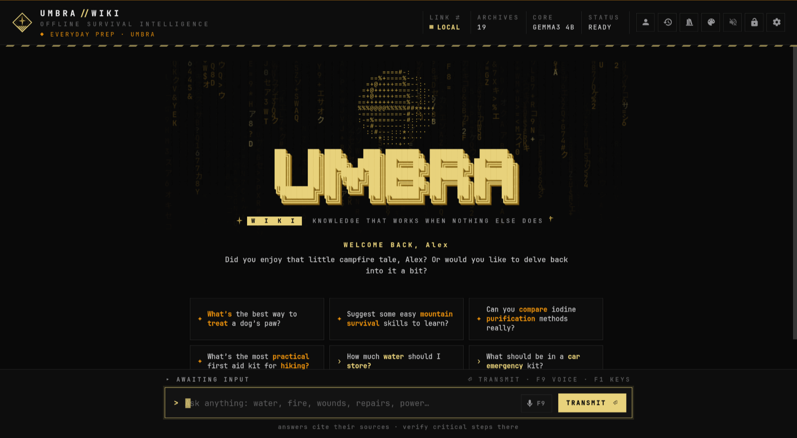 Umbra Wiki's start screen