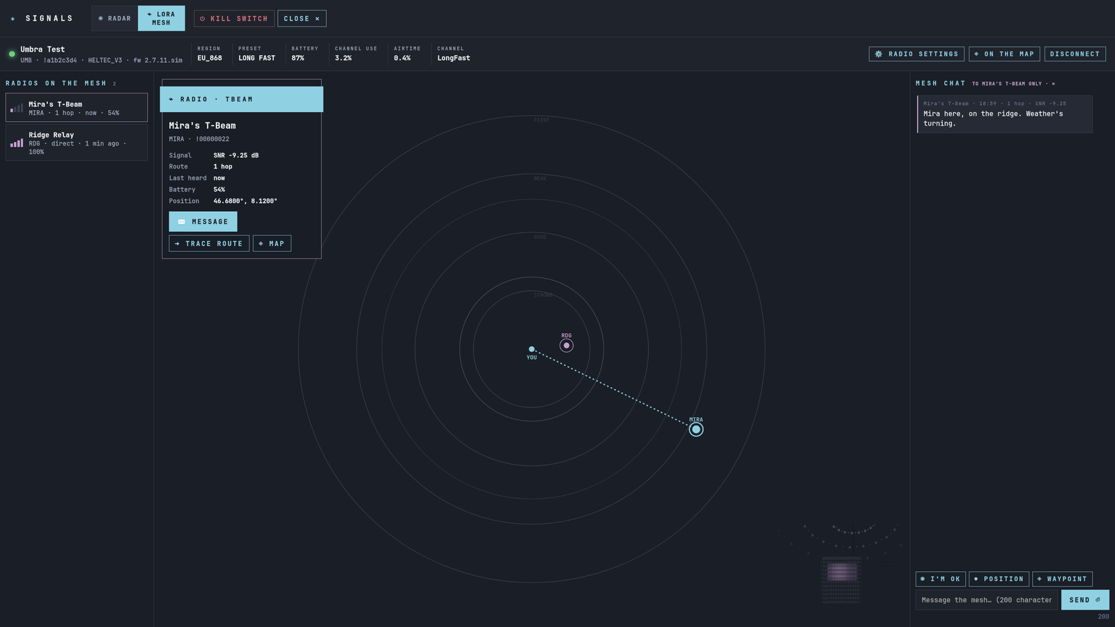 The LoRa mesh control board: radios on a scope and the mesh chat
